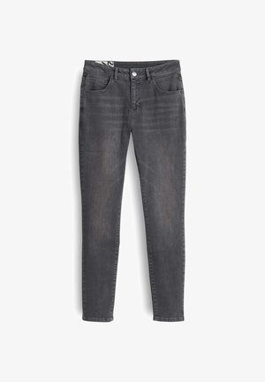 Dunkelgraue, ausgebleichte Skinny Jeans mit Frontknopf, Reißverschluss, Gürtelschlaufen und Fünf-Taschen-Design auf weißem Hintergrund.