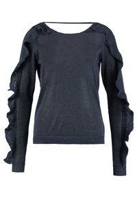 Granatowy sweter o teksturowanym, błyszczącym wykończeniu. Posiada falbaniaste akcenty wzdłuż rękawów oraz okrągły dekolt. Slim fit.