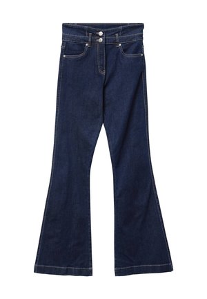 Dunkelblaue ausgestellte Jeans mit hoher Taille, zwei vorderen Taschen, zwei hinteren Taschen, Metallknöpfen und kontrastierenden Nähten entlang der Säume.