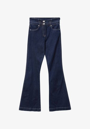 Dunkelblaue ausgestellte Jeans mit hoher Taille, zwei vorderen Taschen, zwei hinteren Taschen, Metallknöpfen und kontrastierenden Nähten entlang der Säume.