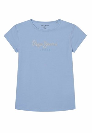 T-shirt bleu clair à manches courtes avec col rond et "Pepe Jeans London" imprimé sur la poitrine en paillettes argentées et lettres bleues.