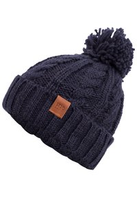 Navy blue knitted beanie with cable pattern, ribbed cuff, and a pom-pom on top. Features a brown leather patch with embossed logo.