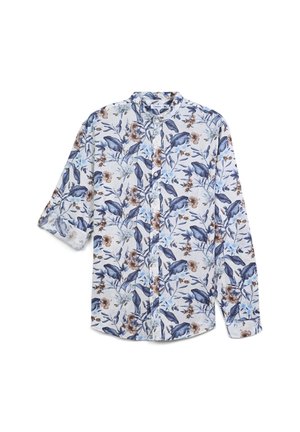 Camicia floreale in azzurro chiaro e bianco, con dettagli intricati di foglie blu e fiori marroni, maniche lunghe e design con colletto a bottone.