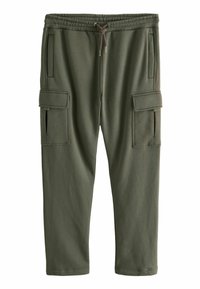 Olivgrüne Jogginghose aus weichem Stoff, mit verstellbarem Bund, seitlichen Taschen und Cargotaschen auf den Oberschenkeln.