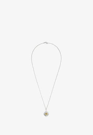 Silberne Kettenhalskette mit einem Sonnenblumen-Anhänger, der eine gelbe Mitte und strukturierte, blütenblattähnliche Akzente drumherum hat.