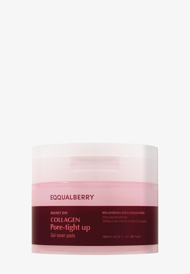 Różowy słoik z białą pokrywką, oznaczony etykietą "EQUALBERRY Bouncy Day Collagen Pore-tight up." Zawiera 140 ml podkładek żelowych do pielęgnacji skóry.