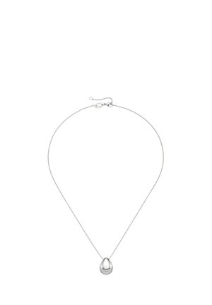 Silver necklace with an egg-shaped pendant, featuring a textured bottom and smooth top; delicate chain and adjustable clasp.