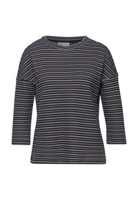 Pull tricoté pour femme à manches longues avec motif en losanges horizontaux noirs, beiges et blancs et col rond.