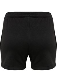 Svarta atletiska shorts gjorda av mjukt tyg, med ett elastiskt midjeband och sidofickor. Slät yta med en enkel design.