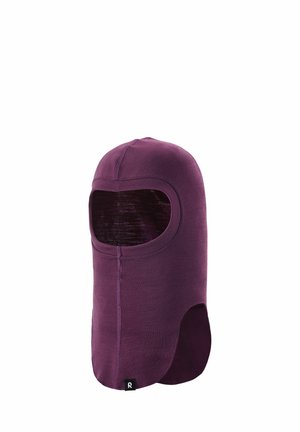 Lila Balaclava aus dehnbarem Stoff mit offenem Gesicht und Halsbereich. Verfügt über eine glatte Textur und Nahtdetails.