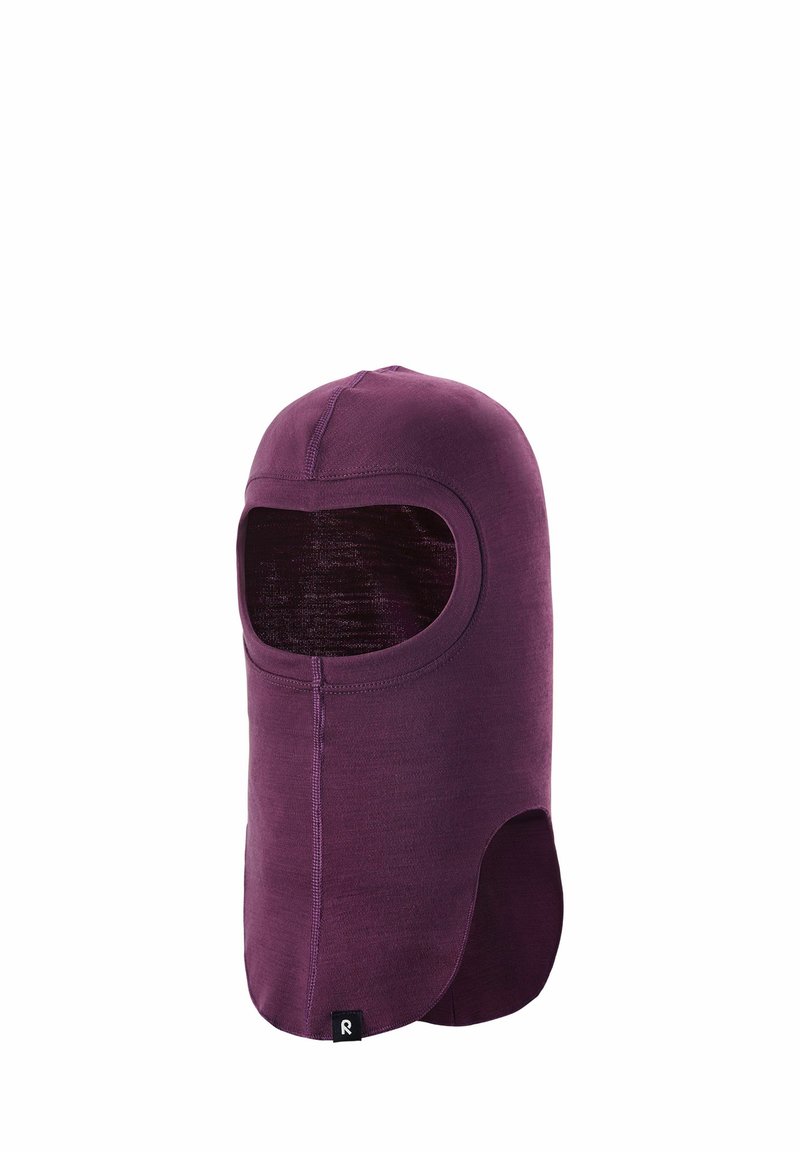 Fioletowa kominiarka wykonana z elastycznego materiału z otwartą twarzą i okolicą szyi. Posiada gładką teksturę i detale szwów.