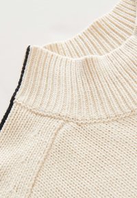 Strickpullover mit einem gerippten, cremefarbenen Kragen und schwarzen Akzenten. Verfügt über einen strukturierten Stoff mit sichtbaren Nähten und einem nahtlosen Design.
