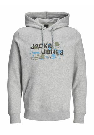 Szara bawełniana bluza z kapturem, z kangurzą kieszenią, sznurkiem przy kapturze oraz graficznym nadrukiem z tekstem "JACK & JONES" i kolorowymi plamami.