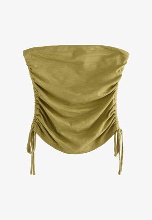 Top arricciato verde oliva con lacci laterali regolabili, caratterizzato da un tessuto liscio e leggero e da un design senza spalline.