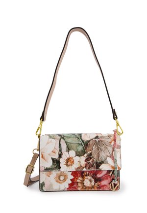 Floral handbag with a structured rectangular shape, made of textured material, featuring a mix of pink, green, and white colors with gold hardware.