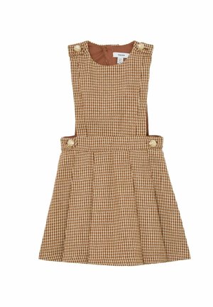 Barna cikcakkmintás ruha ujjatlan kialakítással, két nagy gombbal és pliszírozott szoknyarésszel. Texturált anyagból készült.