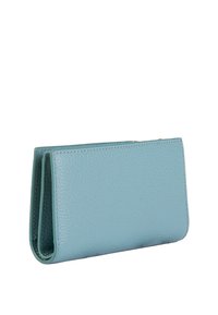 Portafoglio in pelle azzurro texture con design bi-fold, caratterizzato da una finitura liscia, cuciture visibili e una forma rettangolare compatta.
