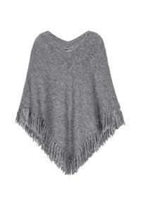 Grau gestrickter Poncho mit V-Ausschnitt, der fransige Kanten für Textur aufweist. Hergestellt aus weichem Material, was ein leichtes, fallendes Aussehen schafft.