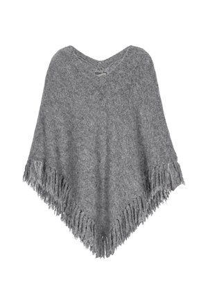 Grau gestrickter Poncho mit V-Ausschnitt, der fransige Kanten für Textur aufweist. Hergestellt aus weichem Material, was ein leichtes, fallendes Aussehen schafft.
