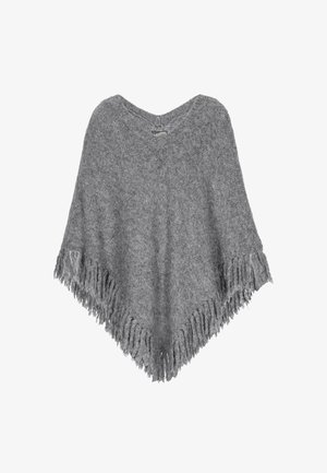 Grijze gebreide poncho met een V-hals ontwerp, voorzien van franjes voor textuur. Gemaakt van zacht materiaal, wat zorgt voor een lichte, gedrapeerde uitstraling.