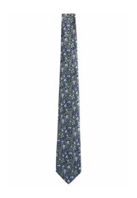 Cravat floral în nuanța de navy, cu modele de flori verzi și albe; formă îngustă, țesătură texturată, vârf ascuțit.