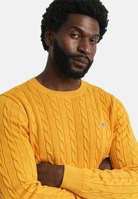 Geel kabelgebreid sweater met een ronde halslijn, geribde manchetten en een klein blauw geborduurd logo. Soepele textuur en een gestructureerd patroon door het gehele stuk.