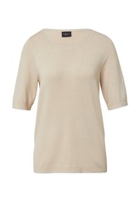 Beige kurzärmliges Strickoberteil mit Rundhalsausschnitt und gerippten Kanten. Weiche Textur, schlichtes Design und gerader Saum. Markentag am Hals sichtbar.