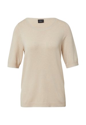 Beige trui met korte mouwen, ronde hals en geribbelde randen. Zachte textuur, eenvoudig ontwerp en rechte zoom. MerLABEL zichtbaar op de hals.