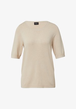 Beige kurzärmliges Strickoberteil mit Rundhalsausschnitt und gerippten Kanten. Weiche Textur, schlichtes Design und gerader Saum. Markentag am Hals sichtbar.