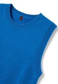 Maglione senza maniche blu con un collo rotondo a costine e armhole, realizzato in un morbido materiale lavorato a maglia. Texture liscia senza motivi visibili.