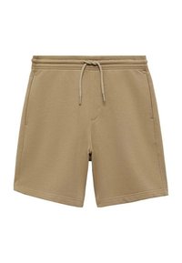 Shorts de sport beiges avec une taille élastique à cordon, deux poches latérales et un tissu doux et texturé. Longueur milieu de cuisse et sans motifs visibles.