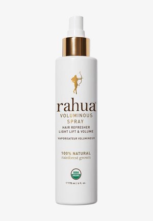 Hvid sprayflaske mærket "rahua Voluminous Spray" med gyldne accenter, beskriver hårforfrisker til løft og volumen, 100 % naturlig, USDA økologisk, 178 ml.