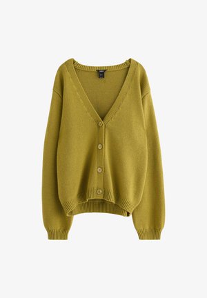 Cardigan verde lavorato a maglia, design a scollo a V, maniche lunghe e cinque bottoni anteriormente, con polsini e orlo a costine. Texture morbida, vestibilità casual.