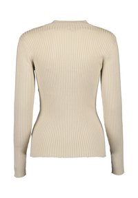 Beige gerippter Pullover mit taillierter Passform, langen Ärmeln und rundem Halsausschnitt. Die Textur ist glatt mit vertikalen Linien.