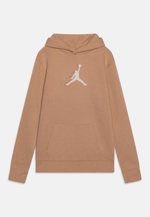 Sweat à capuche marron clair avec poche kangourou à l'avant et logo silhouette pixelisée blanche d'un joueur de basketball sautant sur la poitrine.