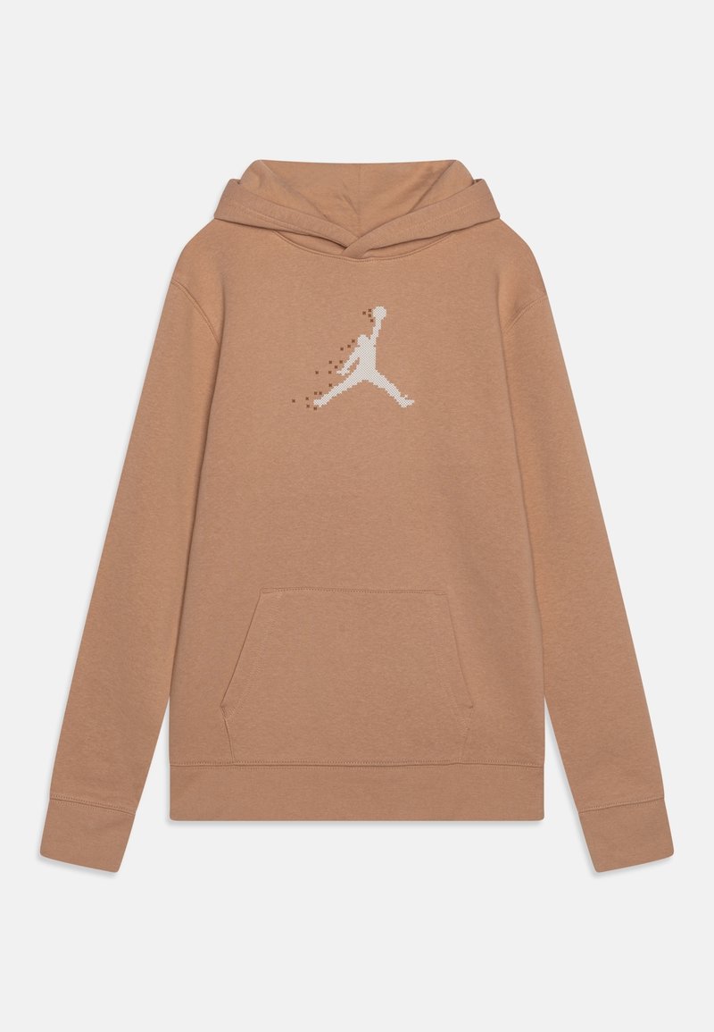 Sweat à capuche marron clair avec poche kangourou à l'avant et logo silhouette pixelisée blanche d'un joueur de basketball sautant sur la poitrine.