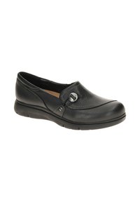 Schwarze Leder-Slipper mit strukturiertem Finish, ausgestattet mit einem dekorativen Knopf und kontrastierenden Nähten. Runde Zehenpartie und Gummisohle.
