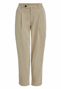 Pantalon beige avec des plis, une fermeture à bouton et une taille élastique. Tissu lisse avec des jambes droites et des ourlets à revers.