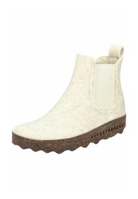 Krémové filcové kotníkové boty s elastickými bočními panely a texturovanou hnědou korkovou podrážkou s vlnkovým okrajem a brandingovým detailem.