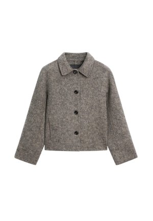 Gray wool jacket with a collared neck, six black buttons, and long sleeves. The fabric features a subtle heathered texture.