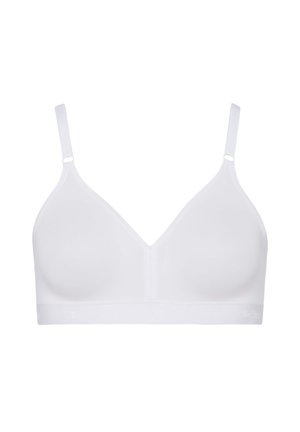 White wireless bra with a V-neck design, adjustable straps, and a smooth texture. Features a band with subtle branding detail.