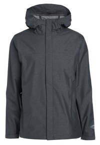 Giacca impermeabile grigia con cappuccio, dotata di zip frontale, logo sul petto e polsini elasticizzati per una vestibilità sicura.