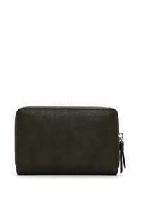 Portefeuille en cuir vert foncé avec une surface texturée, fermeture zippée et petit tirette de fermeture décorative. Forme rectangulaire, sans motifs visibles.