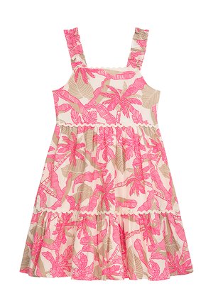 Kleid mit Blumenmuster in Pink und Beige, mit gerafften Trägern und einem mehrstufigen Rockdesign. Hergestellt aus leichtem Stoff.