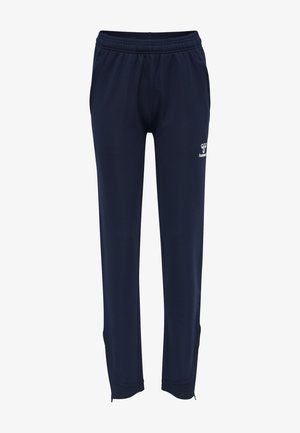 Pantaloni sportivi blu navy con vita elastica, cerniere laterali alle caviglie e un logo sul davanti. Realizzati in tessuto traspirante.