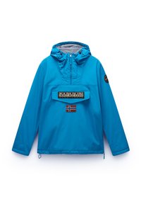 Pullover Napapijri con cappuccio turchese, dotato di zip frontale e grande tasca che mostra il nome del marchio e un patch della bandiera norvegese sul petto.