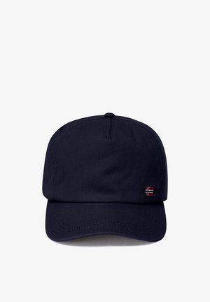 Tmavě modrá čepice z látky s mírně texturovaným povrchem. Má zakřivený kšilt a malý motiv norské vlajky na přední straně.