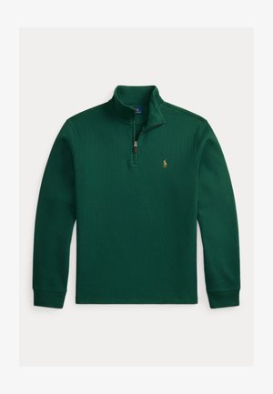 Green long-sleeve pullover with a quarter-zip collar and small embroidered logo on the left chest.
