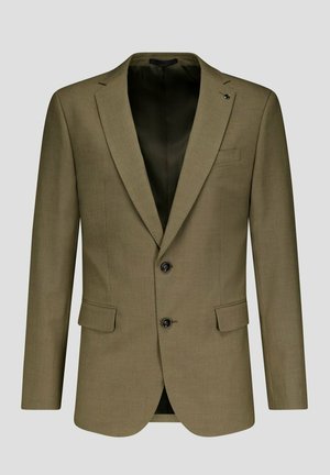 Olijfgroene blazer met een getailleerde pasvorm, notch-revers, een tweeknopssluiting en twee voorzakken. Gestructureerde stof met een gladde binnenvoering.