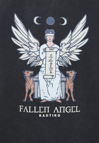 White and blue graphic featuring a blindfolded figure with large wings, sitting on a throne flanked by two brown dogs, on a dark background.